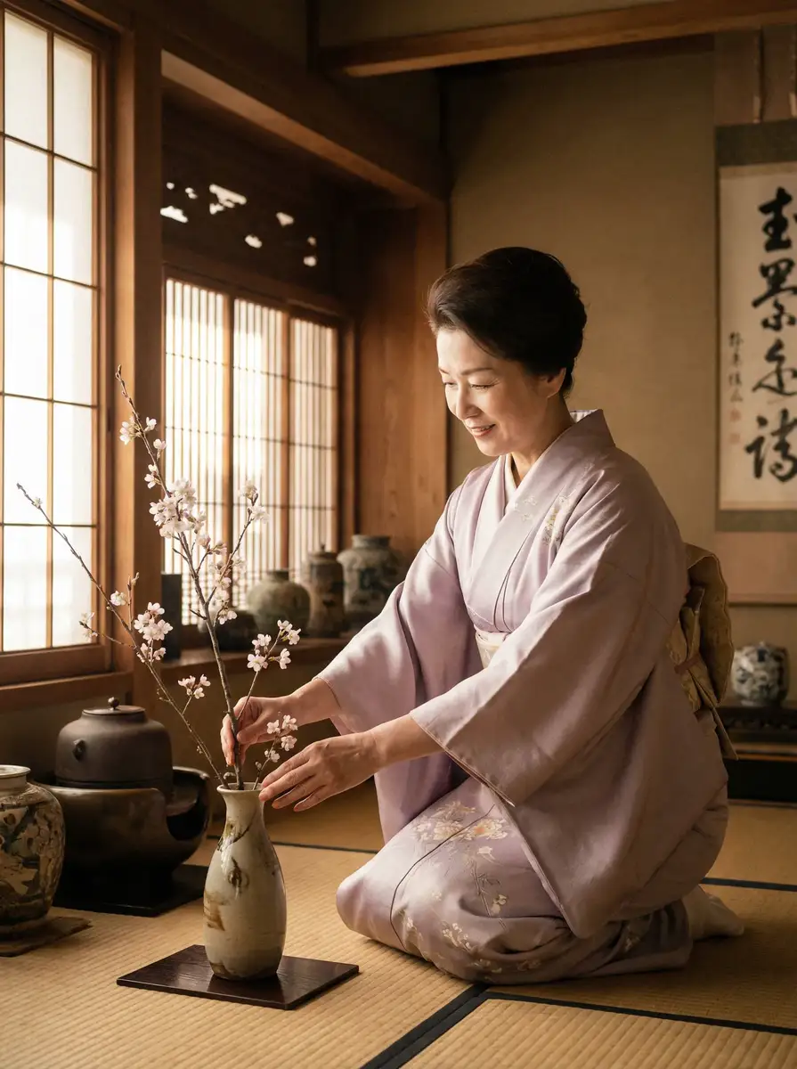 一位优雅的 冠军体育平台 在和室中插花